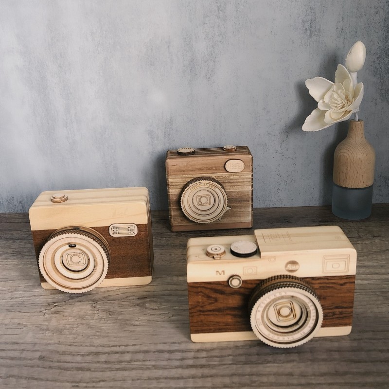 Gỗ Retro Máy Ảnh Bút Hộp Nhạc Handmade
